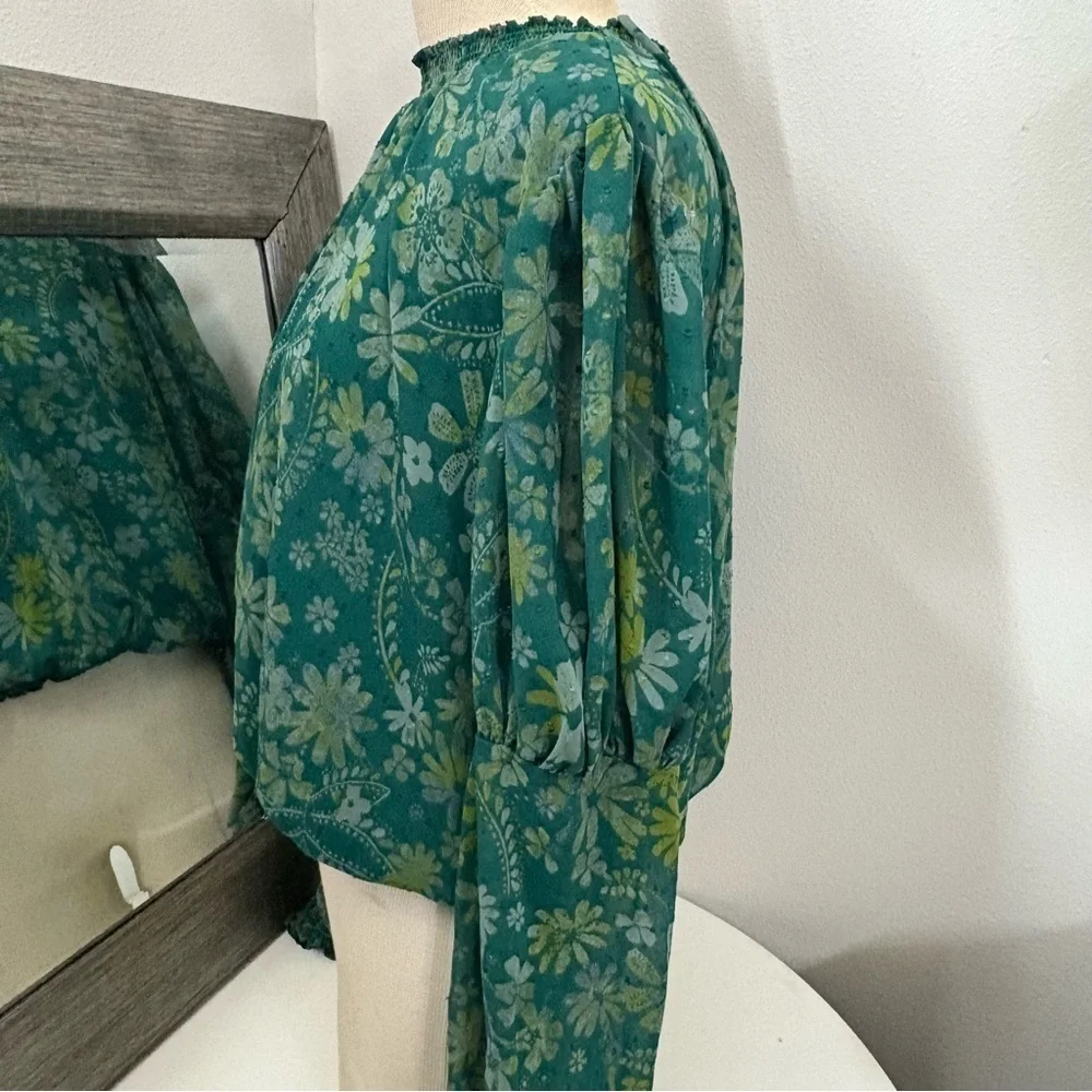 Free People Green Puff Sleeve Ruffled Blouse